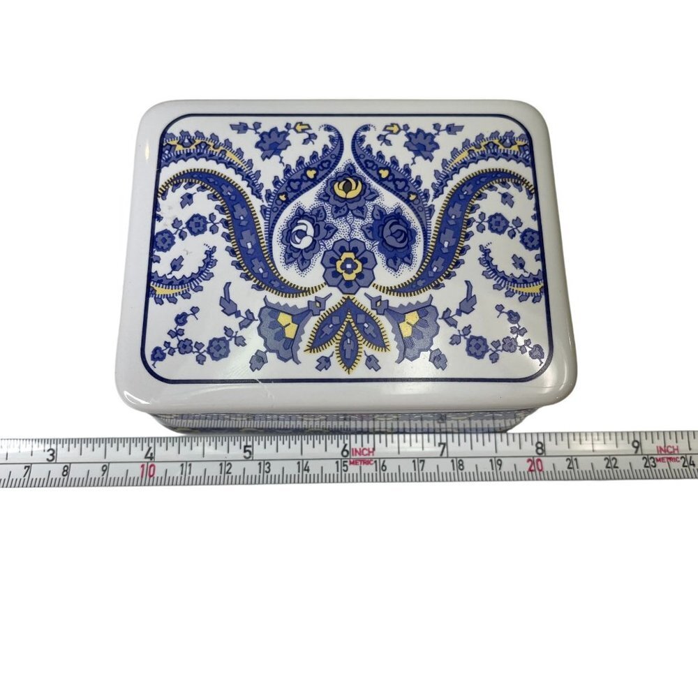 Thai Stoneware Trinket Box With Blueish Purple and Yellow Floral Paisley Pattern - Picture 8 of 9